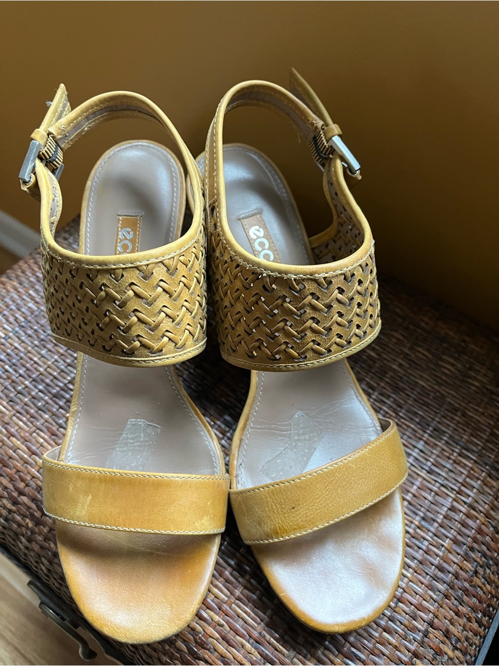 Ecco Woven Ankle-Strap Sandals in Mustard